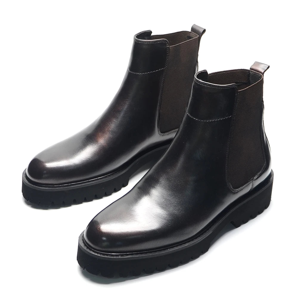 Bottes Chelsea montantes de Style britannique pour hommes, chaussures classiques de luxe en cuir véritable avec bande élastique pour augmenter la hauteur, automne et hiver