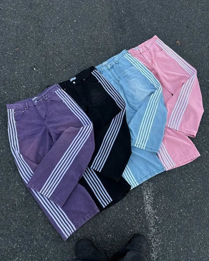 High Street Vintage rayé brodé taille haute jean hommes femmes pantalons décontractés Harajuku Hip Hop rue baggy jambes larges jean