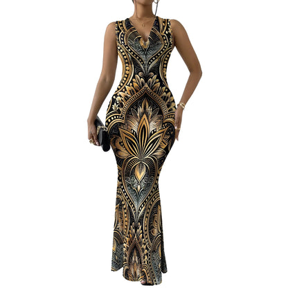 Robe longue moulante à imprimé baroque XS-2XL – Robe bleue et dorée élégante pour tenue de soirée, événements formels et gala