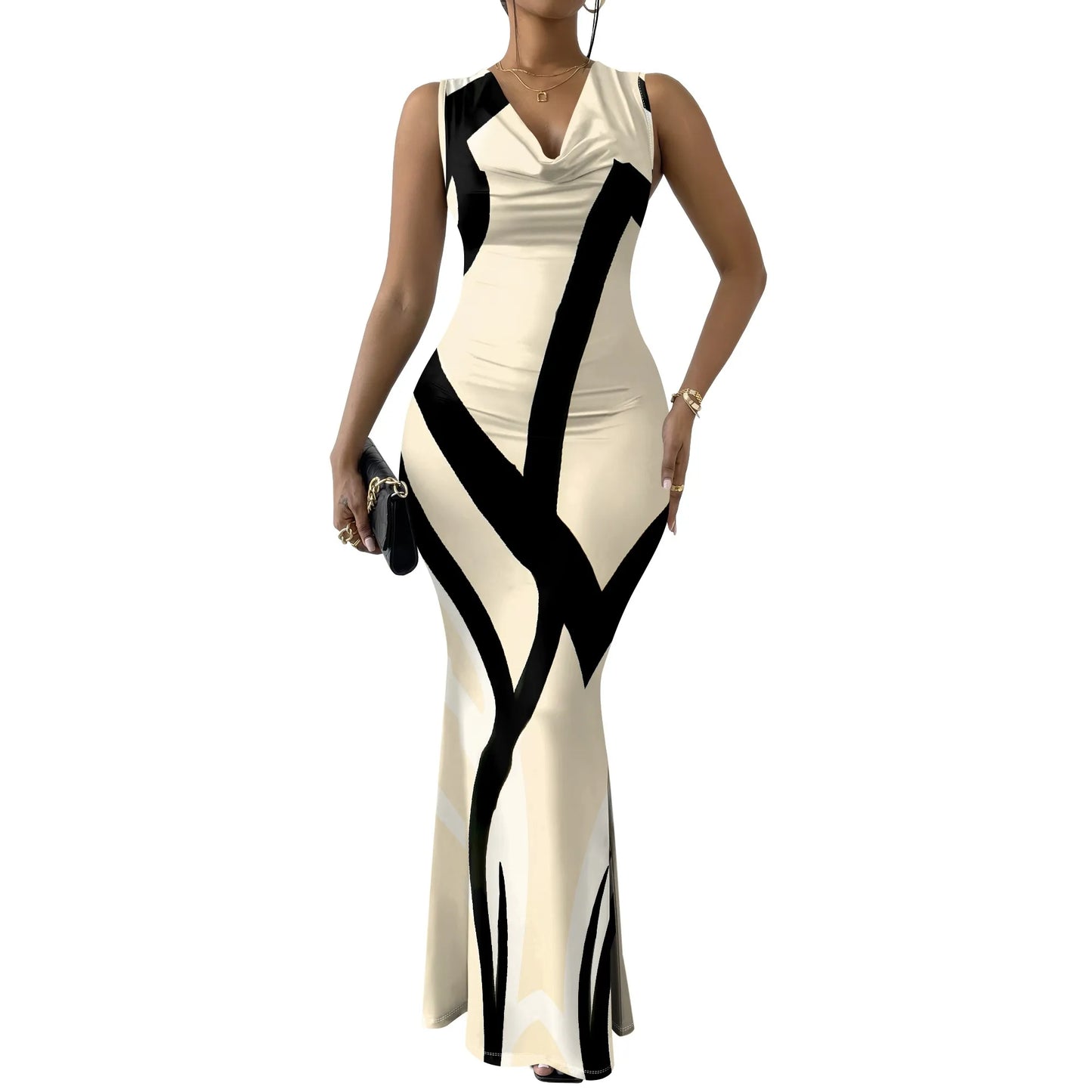 Robes d'invitées de mariage d'été pour femmes sirène élégante motif de rayures artistiques robe Maxi col en V sans manches robe de bal de soirée