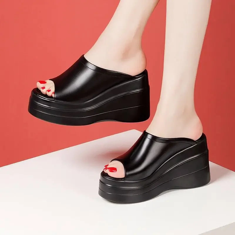 Chaussures confortables à plateforme épaisse de 9.5cm, petite taille 32-43, pantoufles en cuir véritable, talons hauts 2025, diapositives à semelles compensées, modèle de bureau