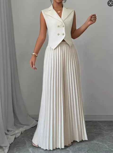 Costume de bureau pour femmes, couleur unie, décontracté, Slim, boutons, ensemble deux pièces, col rabattu, sans manches, Blazer et pantalon plissé, tenues