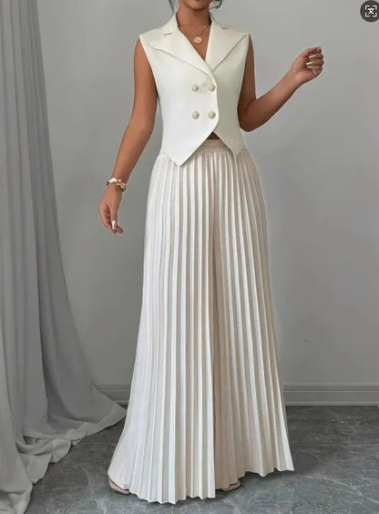 Costume de bureau pour femmes, couleur unie, décontracté, Slim, boutons, ensemble deux pièces, col rabattu, sans manches, Blazer et pantalon plissé, tenues