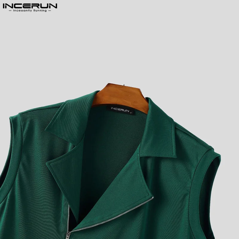 INCERUN hauts sans manche t-shirt été hommes débardeurs couleur unie fermeture éclair revers gilets hommes hauts surdimensionné vêtements pour hommes Streetwear