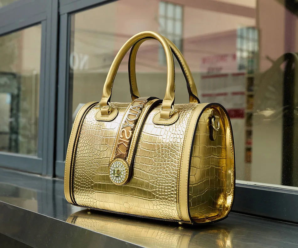 Sac à bandoulière classique rétro pour femmes, sac à main Boston Crocodile en relief, décoration de lettres, sac à poignée supérieure de haute qualité