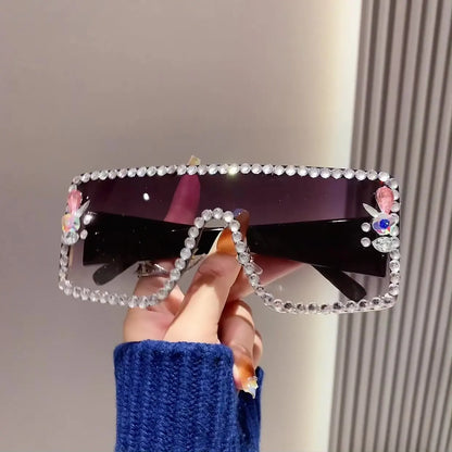 Lunettes de soleil une pièce pour femmes, grande monture rectangulaire incrustée de diamants, avec diamants d'eau