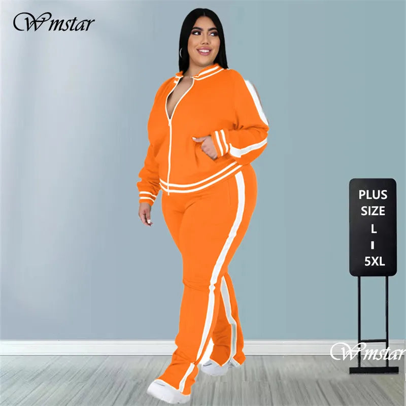 Grande taille L-5XL deux pièces ensemble femmes survêtement Zip haut rayé fente pantalons de survêtement survêtement tenue correspondant ensemble en gros livraison directe