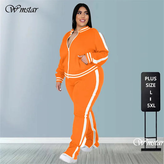 Grande taille L-5XL deux pièces ensemble femmes survêtement Zip haut rayé fente pantalons de survêtement survêtement tenue correspondant ensemble en gros livraison directe