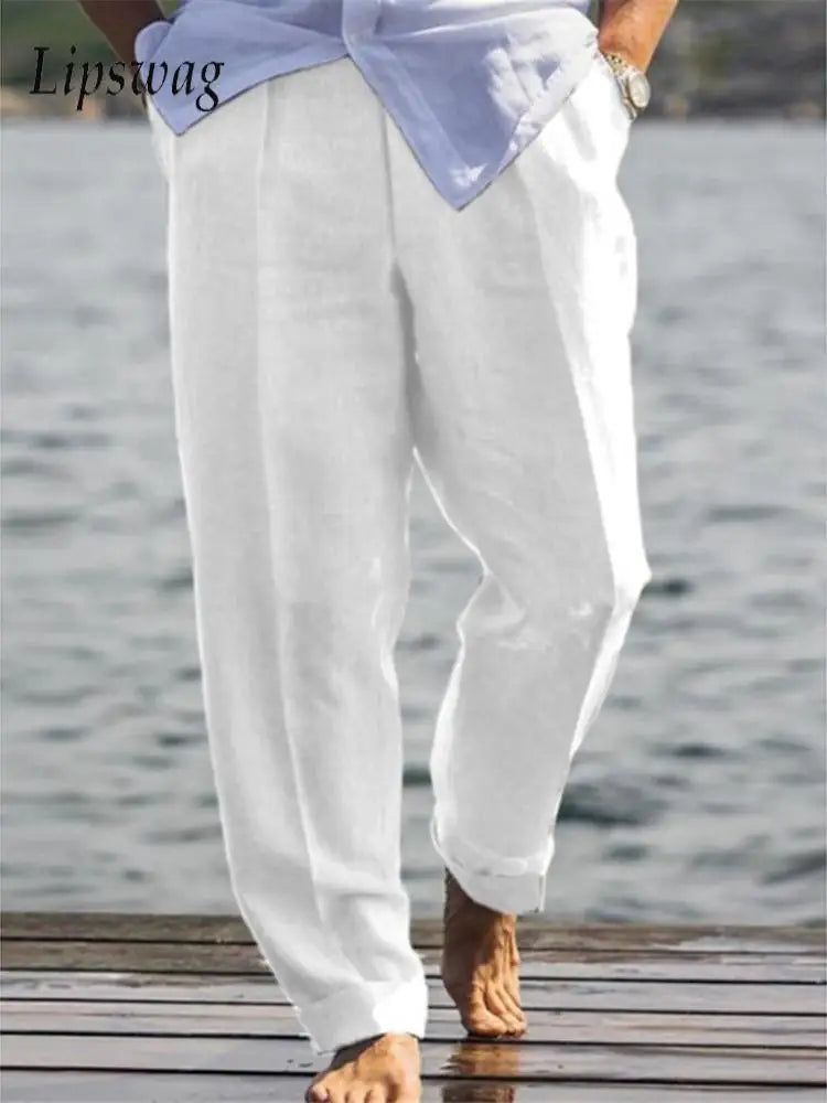 Pantalon en lin ample et respirant pour hommes, décontracté, pour loisirs quotidiens, confortables, fins, à la mode, couleur unie, printemps été