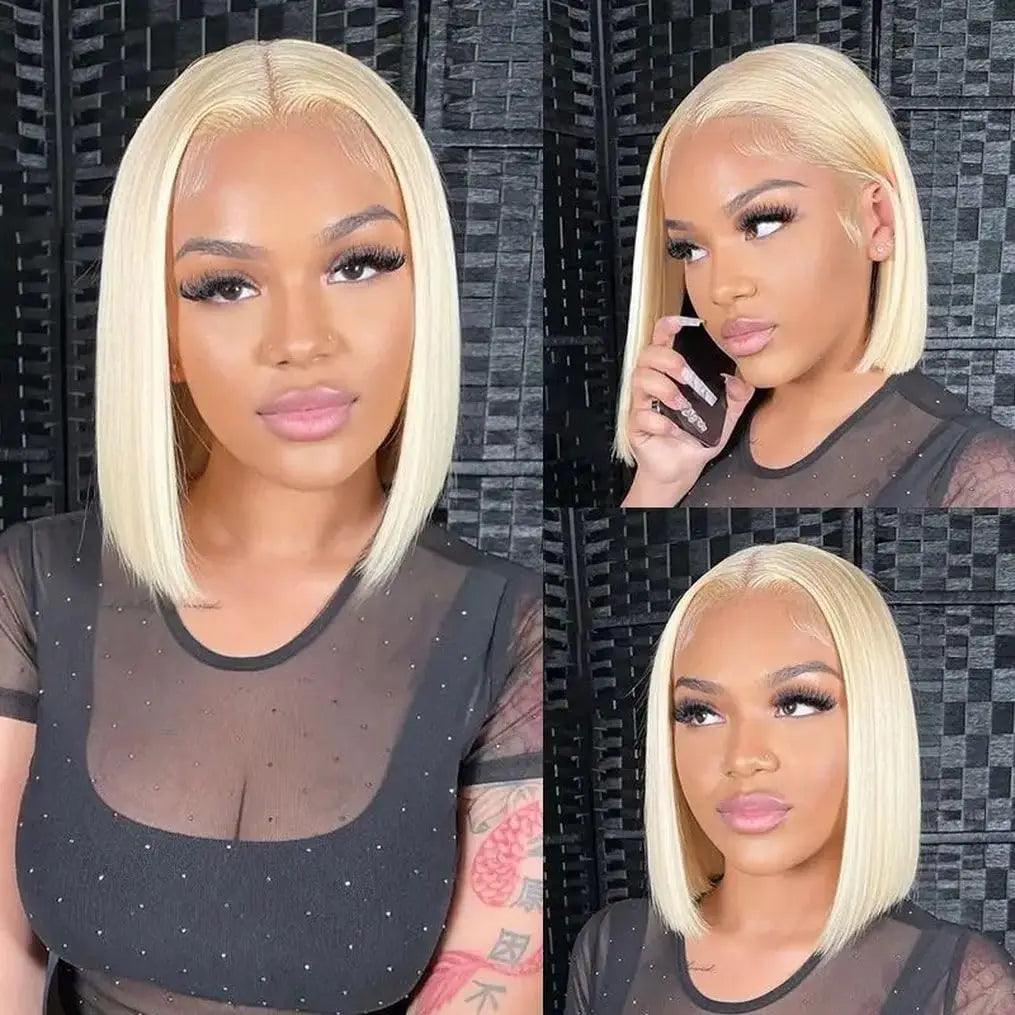 613 Blonde Bob perruques cheveux humains court droit 13X4 HD dentelle avant perruques coloré brésilien 100% cheveux humains 16 pouces cosplay 200% perruque brésilienne	cheveux humain naturel perruque courte