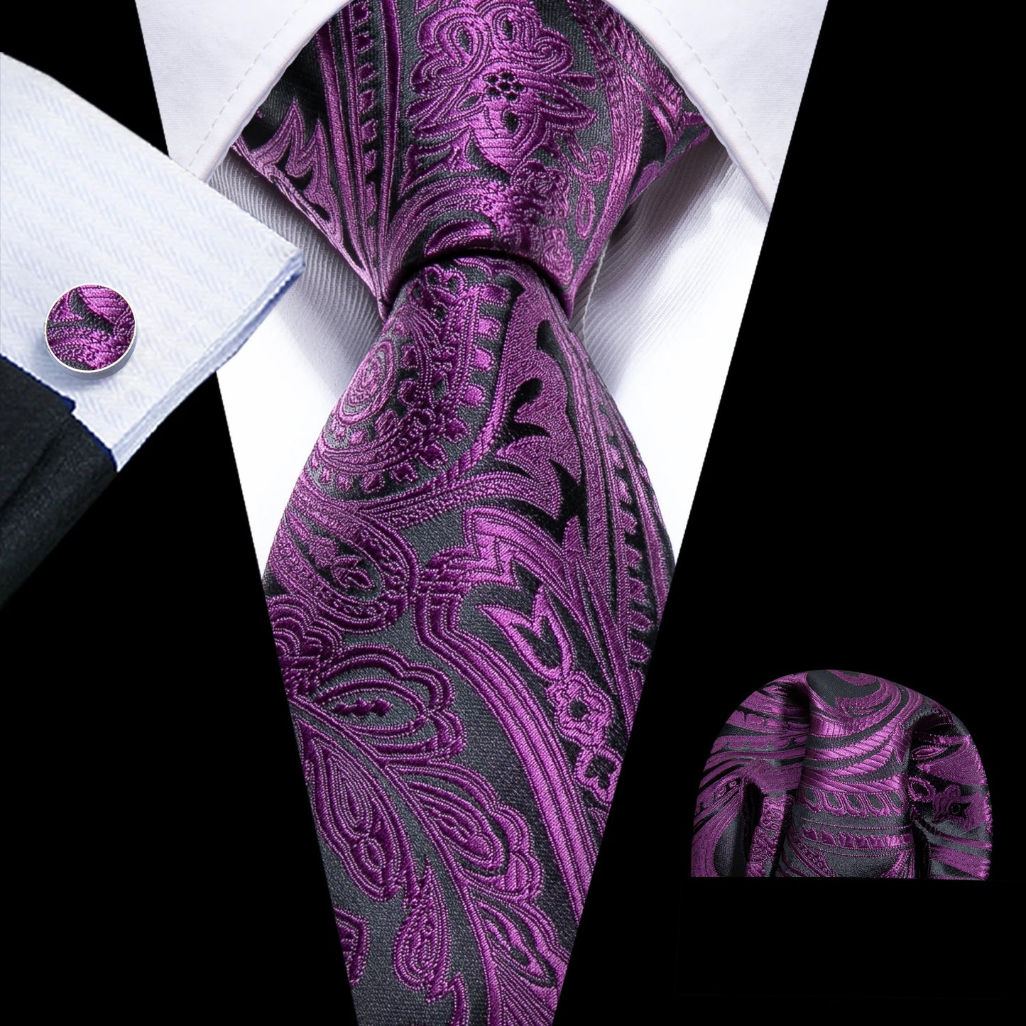 Barry.Wang violet lilas lavande soie hommes cravate mouchoir bouton de manchette ensemble Jacquard cravate florale pour homme mariage fête d'affaires