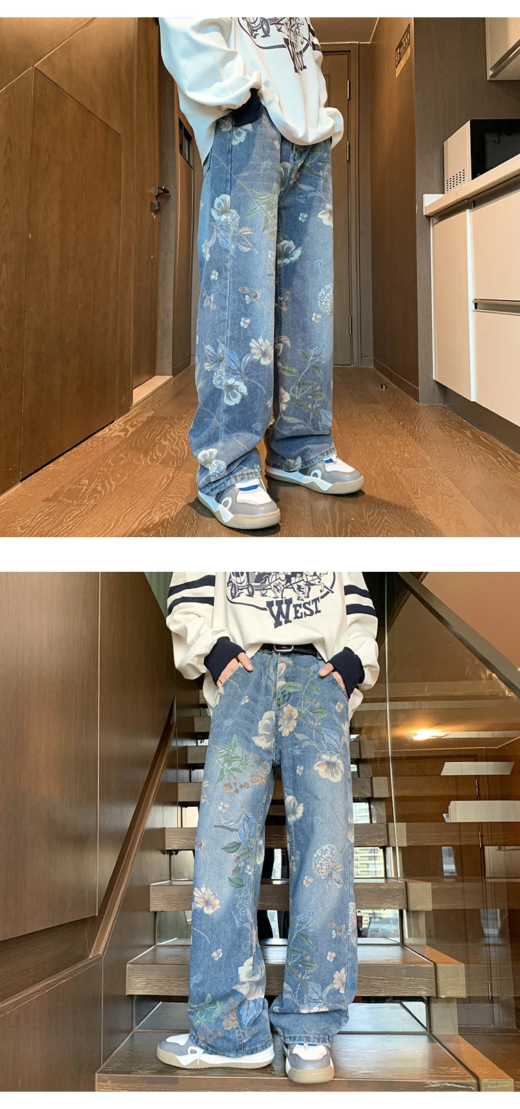 PO gy-Jean à imprimé floral pour homme, pantalon en denim, jambe large, style coréen, rue haute, adt fjHop, automne, 2024