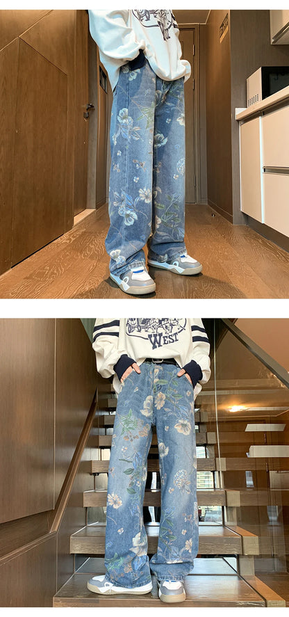 PO gy-Jean à imprimé floral pour homme, pantalon en denim, jambe large, style coréen, rue haute, adt fjHop, automne, 2024