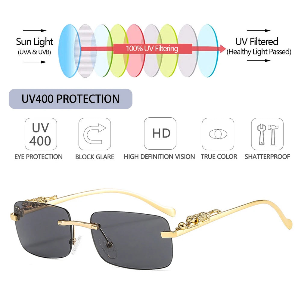 Lunettes de soleil carrées sans monture pour femmes et hommes, bord coupé, léopard doré, petite monture, concepteur rétro, lunettes d'ombre, UV400 oculos