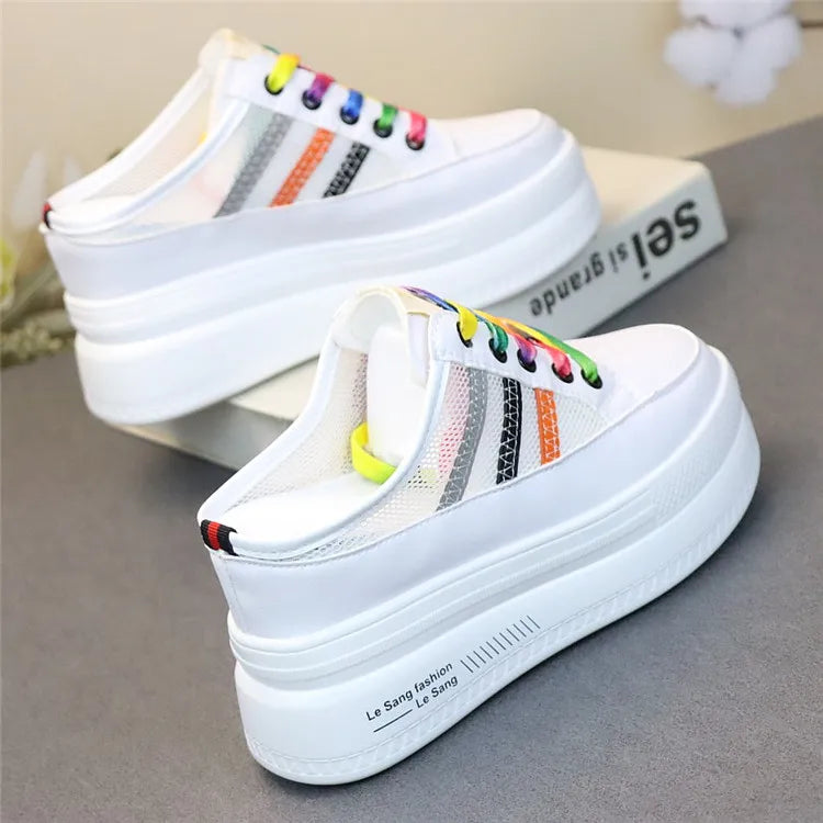 Pantoufles d'Été à Semelles Compensées pour Femmes, Chaussures Paresseuses en Maille Respirante pour Petits Pieds, Sandales à Plateforme Antidérapantes