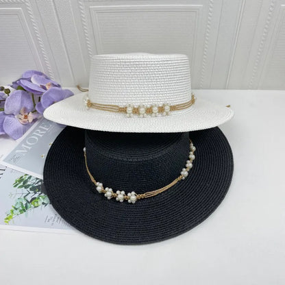 Chapeau plat d'été pour femmes, nouveau style, chapeau de soleil, de plage, de mariage, de thé, élégant, avec coiffure en perles, 모자