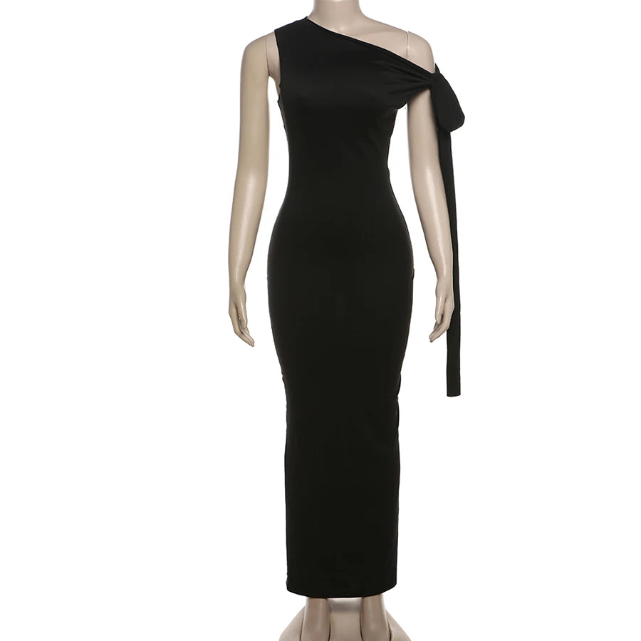 Bizarre chat une épaule robe femme été Sexy solide élégant noeud pansement sans manches moulage Simple fête maigre robes