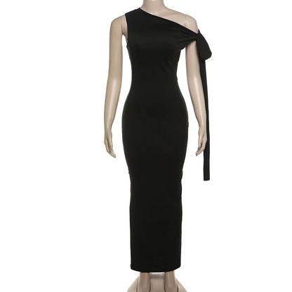 Bizarre chat une épaule robe femme été Sexy solide élégant noeud pansement sans manches moulage Simple fête maigre robes