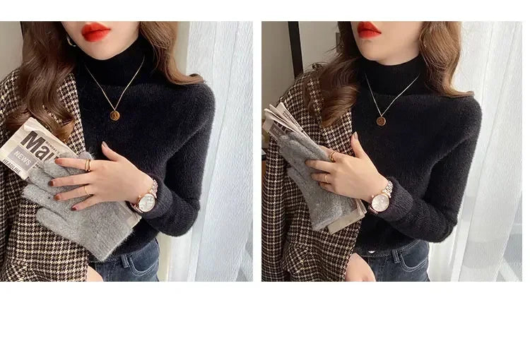 Pull à col roulé à manches longues pour femmes, optique, mince, doux, chaud, côtelé, hiver, automne, 2024