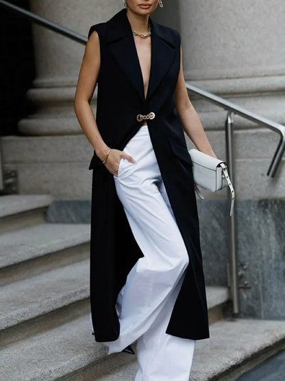 Freeacy solide noir sans manches gilet vêtements d'extérieur pour les femmes revers col en v profond manteau Extra-long 2025 printemps et été hauts à la mode