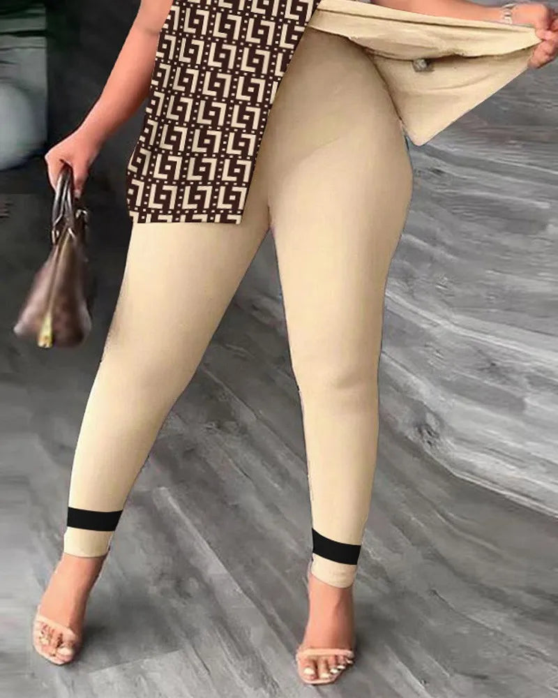 Ensemble deux pièces élégant pour femmes, nouvelle mode, imprimé, manches à volants, haut, pantalon de couleur unie, avec ceinture, chemisiers, vêtements féminins