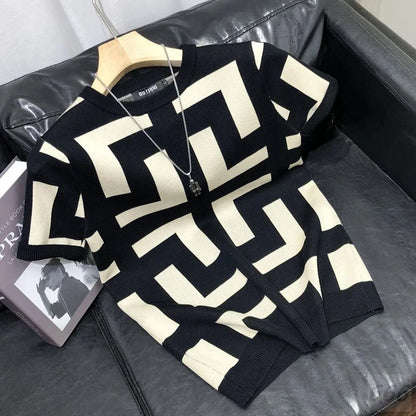 T-shirt à manches courtes Ice Inj, col rond, conception haut de gamme, fouet, imprimé géométrique, loisirs simples, mode estivale, nouveau, 2024