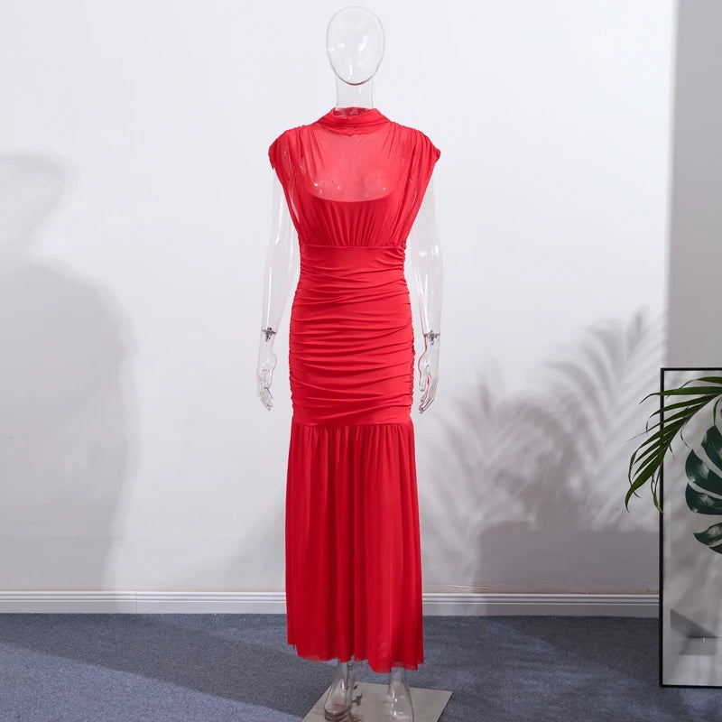 Robe longue de soirée plissée rouge Chic, élégante, manches volantes, maille, Patchwork, Maxi, vacances d'été, plage