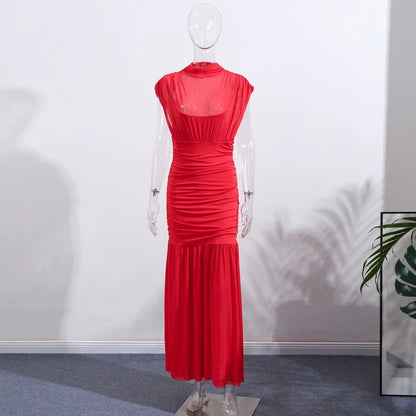 Robe longue de soirée plissée rouge Chic, élégante, manches volantes, maille, Patchwork, Maxi, vacances d'été, plage