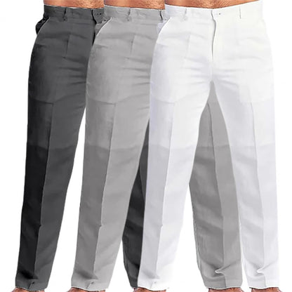 Pantalon en coton et lin pour hommes, Long, décontracté, élégant, taille moyenne, couleur unie, Slim Fit, fermeture éclair, bouton volant