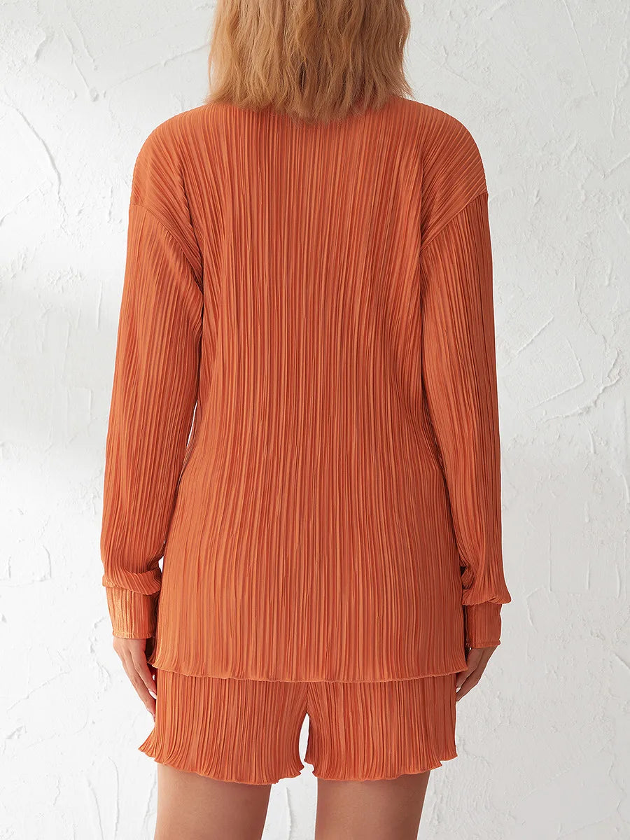 Ensemble de vêtements décontractés pour femmes, chemise froncée à manches longues, boutonnée et short, 2 pièces