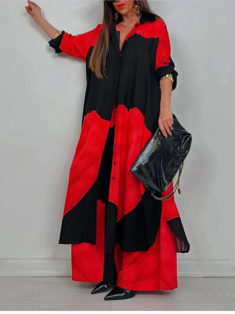 Ensemble deux pièces imprimé Patchwork pour femmes, haut à revers, manches longues, simple boutonnage, pantalon à jambes larges, décontracté, ample, mode printemps