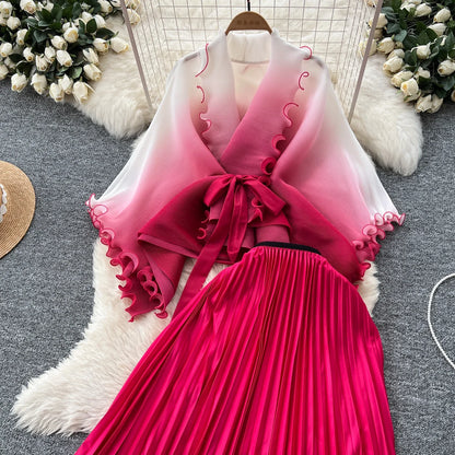 Miyake pli changement progressif couleur bord ondulé costume soleil jupe plissée à la mode et élégant deux pièces ensembles tenues pour femmes