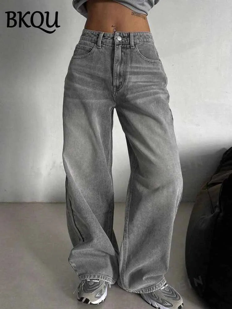 BKQU gris Vintage Baggy jean femme Streetwear taille haute Y2K jambe large Denim pantalon ample femme Hip Hop pantalon américain années 2000