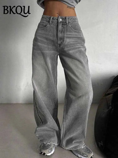 BKQU gris Vintage Baggy jean femme Streetwear taille haute Y2K jambe large Denim pantalon ample femme Hip Hop pantalon américain années 2000