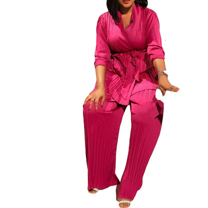 Ensemble deux pièces pour femmes africaines, mode d'été ample et plissé, chemise élégante à lacets OL, jambes larges, pantalon plissé