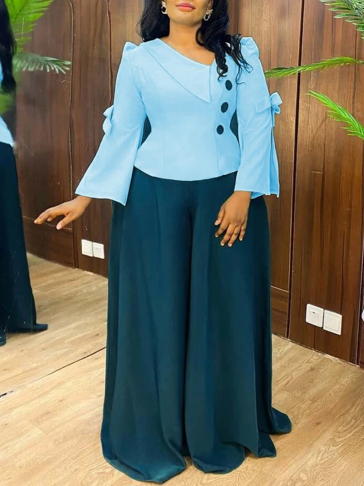 Ensemble deux pièces pour femmes, tenues à manches évasées, col asymétrique, haut, pantalon à jambes larges, parfait pour une fête ou un bureau élégant