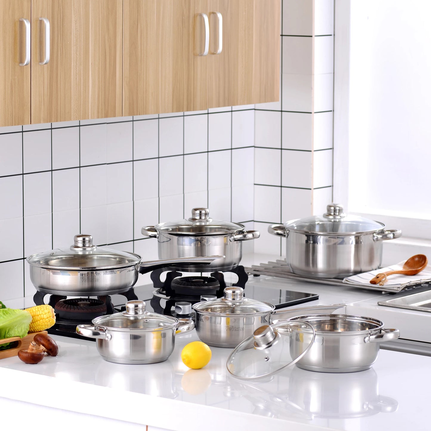 Velaze – ensemble d'ustensiles de cuisine, ensemble de 12 pièces, casseroles et poêles en acier inoxydable, sans danger pour l'induction, casserole, Casserole, avec couvercle en verre