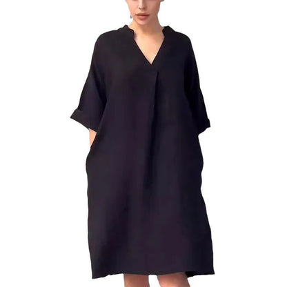 Robe mi-longue en coton et lin à col en V pour femmes, robes décontractées à manches courtes, poche, monochromatique, document, mode, printemps, été, 2025