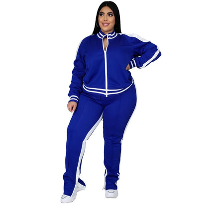 Grande taille L-5XL deux pièces ensemble femmes survêtement Zip haut rayé fente pantalons de survêtement survêtement tenue correspondant ensemble en gros livraison directe