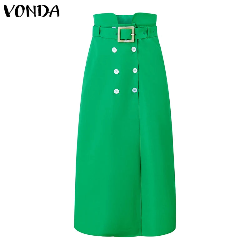 VONDA femmes jupes 2025 décontracté ceinture bouton conception fente longues jupes élégant couleur unie bureau dame bas surdimensionné