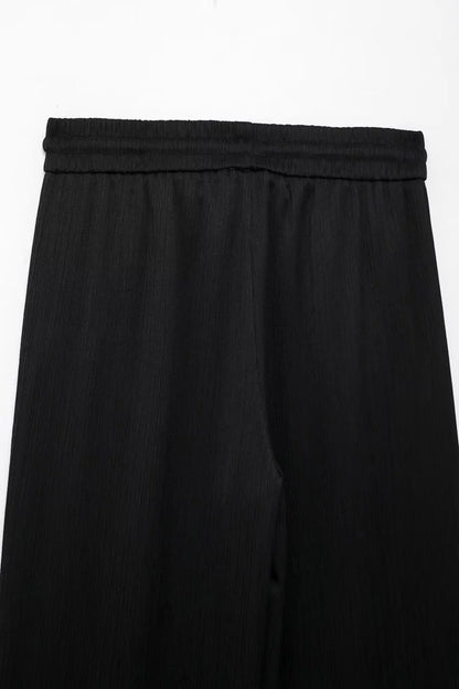 TRAFZA 2025 femmes pantalons décontractés ensemble taille haute pantalon à jambes larges + solide Beige ample glace soie Double boutonnage chemise hauts 2025 à la mode