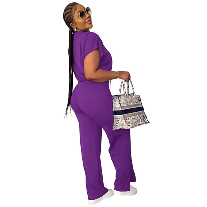 Femmes décontracté col rond cordon à manches courtes haut et taille haute pantalon ensemble été solide deux pièces costume ensembles tenues ensemble femme