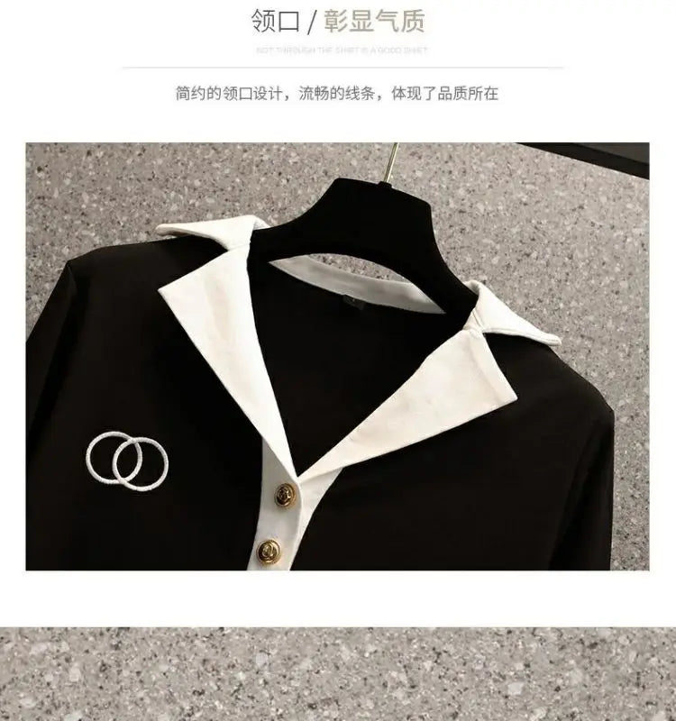 Ensemble deux pièces pour femmes, chemise à manches longues et col Polo, décontracté, Patchwork, jambes larges, nouvelle collection automne 2024