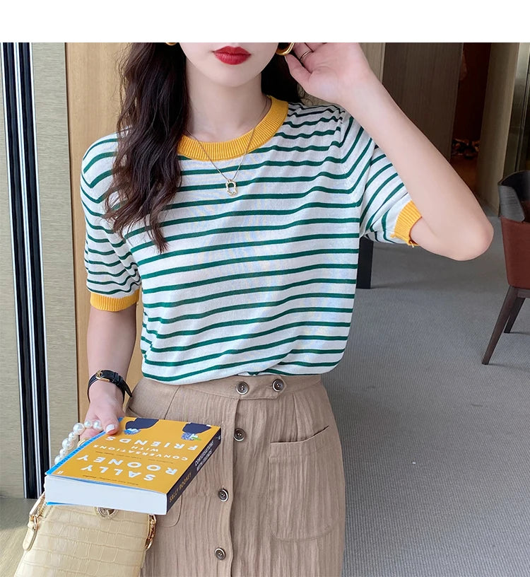 2025 hauts à rayures femmes tricoté col rond été imprimé à manches courtes décontracté Simple sauvage T-Shirt