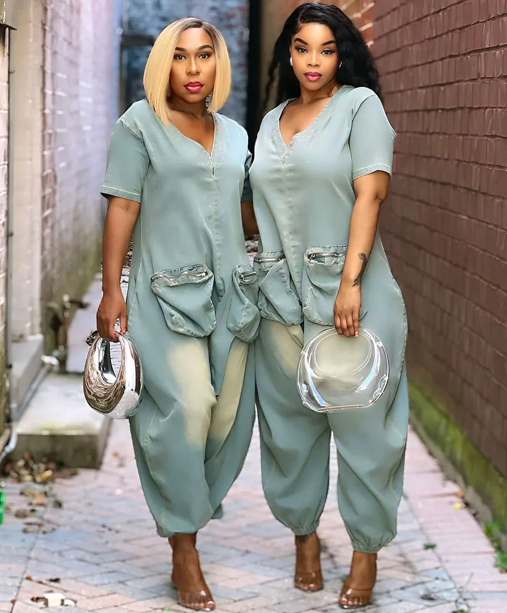 Combinaisons d'automne pour femmes, manches courtes, jean ample, délavé, une pièce, poches, Cargo, barboteuse à la mode