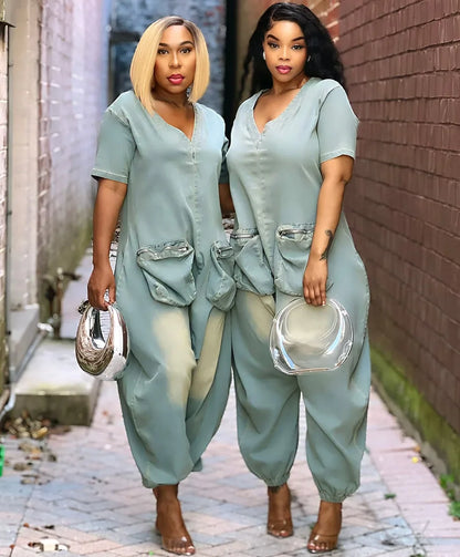 Combinaisons d'automne pour femmes, manches courtes, jean ample, délavé, une pièce, poches, Cargo, barboteuse à la mode