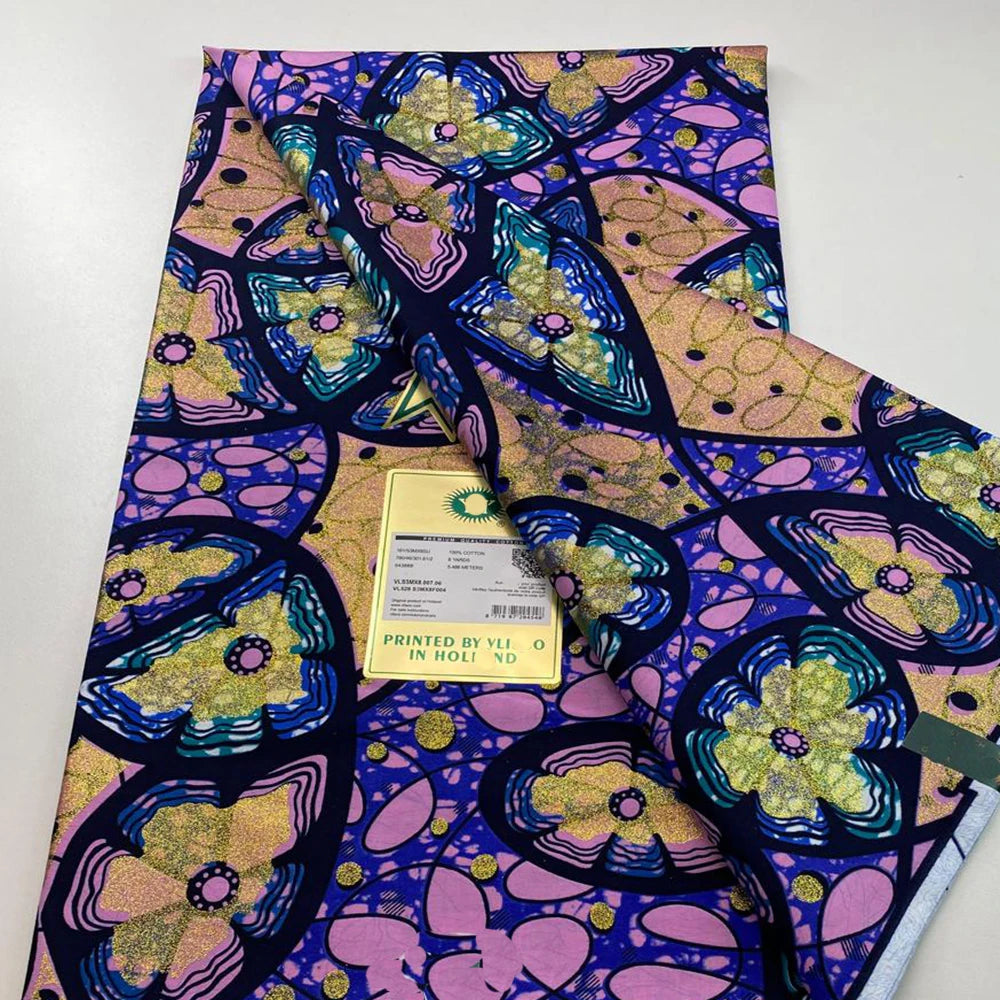 Tissu africain en cire de coton, très bonne qualité, nouvelle grande cire Ankara brillante Pagne, couleur grise, brillant doré, trucs Batik, 6 mètres