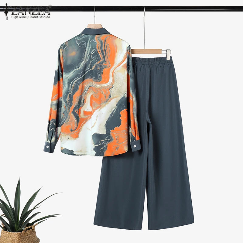 BS -  mode femmes deux pièces ensembles à manches longues revers chemise jambe large pantalon ensembles 2 pièces tenues de vacances décontracté OL travail survêtements