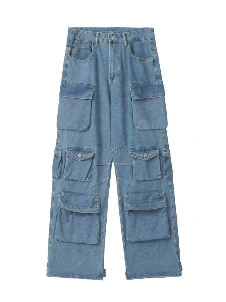 Jean Baggy à jambes larges pour femmes, pantalon Cargo multi-poches, nouvelle mode Harajuku Y2K, Streetwear, jean bleu délavé, 2025