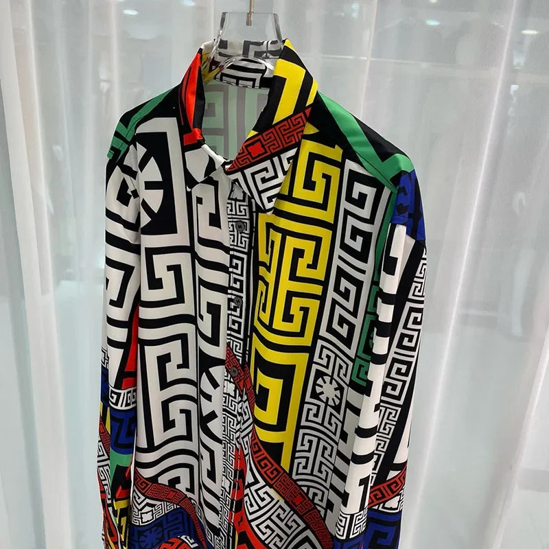 Chemises de luxe royales pour hommes, vêtements ajustés, chemises à imprimé floral complet, bandes dessinées longues, chemises de fête de remise de diplôme, s sociaux de luxe pour hommes